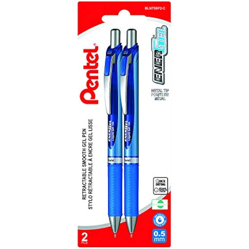 Pentel EnerGel Retractable Liquid Gel Rollerball Pen, 0.5mm Fine Needle Point, Blue Ink, 2PC Pack