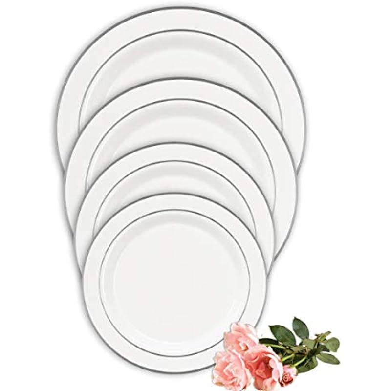 Party Essentials 40 Count Devine Dinnerware Disposable Plastic Dinner Plates, 10.25-Inch, White/Silver