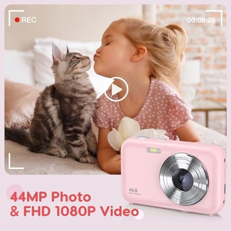 Digital Camera, FHD 1080P Kids Camera 44MP Point and Shoot Camera 16X Zoom Compact Small Photography Camera for Kids with 32G Card & 2 Batteries Portable Camera Gift for Girl Boy Students Teens (Pink)