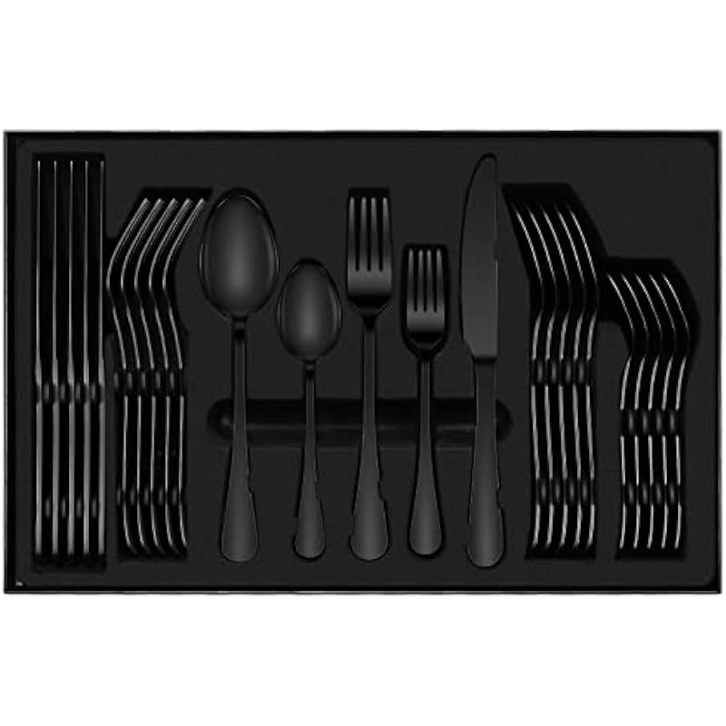 Black Cutlery Set, 30 Piece Stainless Steel Dinnerware Set, Flatware Set Service for 6, Silverware Utensil Set with Knife, Fork, Spoon, Dessertspoon, Use for Home, Restaurant and Gift with Gift Box