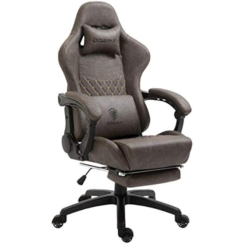 Dowinx Gaming Chair Office Chair PC Chair with Massage Lumbar Support, Vintage Style PU Leather High Back Adjustable Swivel Task Chair with Footrest (Brown)