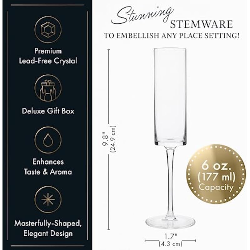 Champagne Flutes, Edge Champagne Glass Set of 4 – Modern & Elegant for Women, Men, Wedding, Anniversary, Christmas, Birthday – 6oz, Premium Crystal