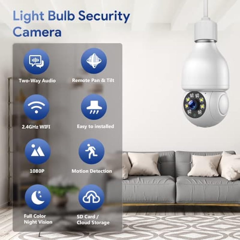 Camcamp Light Bulb Security Camera with Alexa, Wireless WiFi Outdoor Security Camera Surveillance with Smart Motion Detection, Color Night Vision, 2 Way Audio, 2.4GHz WiFi,Remote Access – 2PCS
