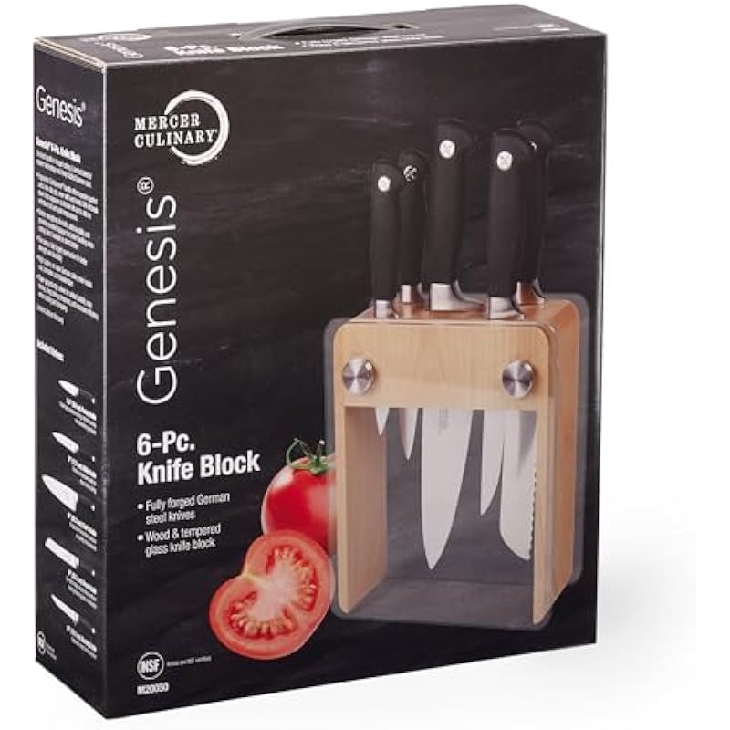 Mercer Culinary M20050 Genesis 6-Piece Forged Knife Block Set, Wood Block with Tempered Glass