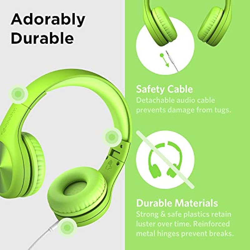 LilGadgets Connect+ Pro Wired Kids Headphones – Designed with Kids’ Comfort in Mind, Child-Friendly Foldable Over-Ear Headset with in-line Microphone, Perfect for Toddlers in School, Green