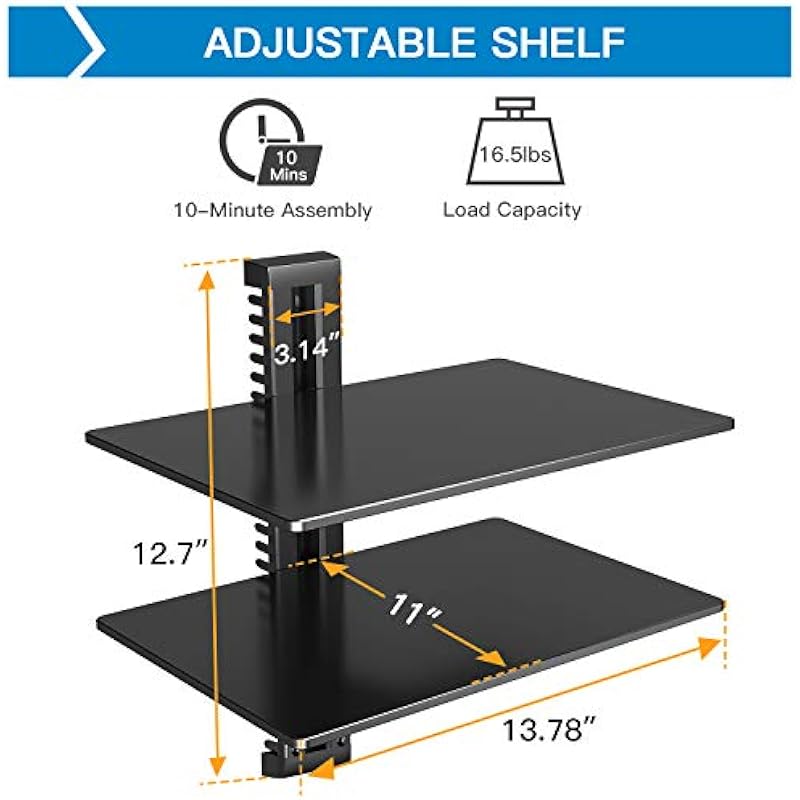 PERLESMITH Floating AV Shelf Double Wall Mount TV Shelf – Holds up to 17.6lbs – DVD DVR Component Shelf – Perfect for Xbox, Projector, WiFi Router, Game Console and Cable Box, PSDSK2