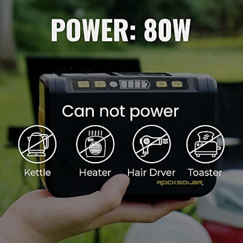 ROCKSOLAR RS81 Weekender 80W Power Station – 88Wh Lithium Battery Portable Solar Generator with LED Flashlight and Multiple Plug and Play AC/USB/USB C/12V DC Outlets for Home, Outdoors Adventures
