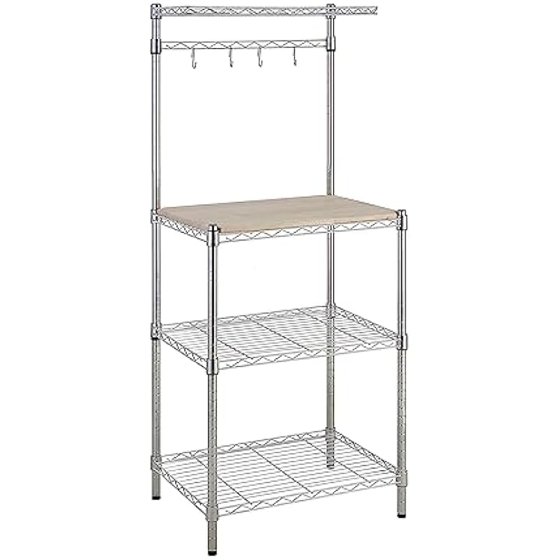 Amazon Basics Kitchen Storage Baker’s Rack with Wood Table, Chrome/Wood – 24″ Wide