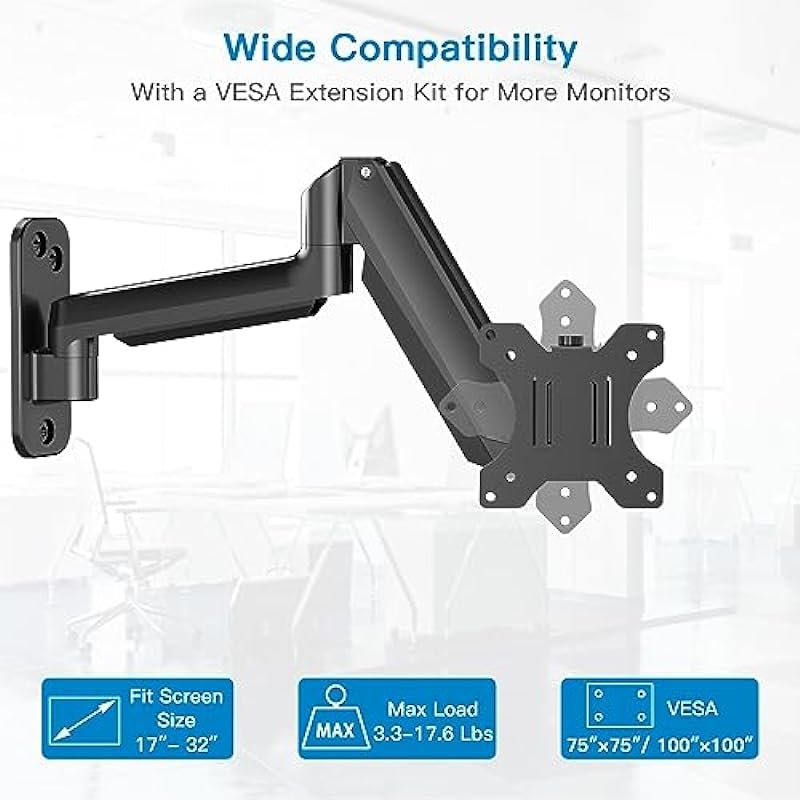 HUANUO Monitor Wall Mount Bracket–Articulating Adjustable Gas Spring Single Arm Stand with VESA Extension Kit for 17 to 32 Inch LCD Computer Screens – VESA 75×75,100×100