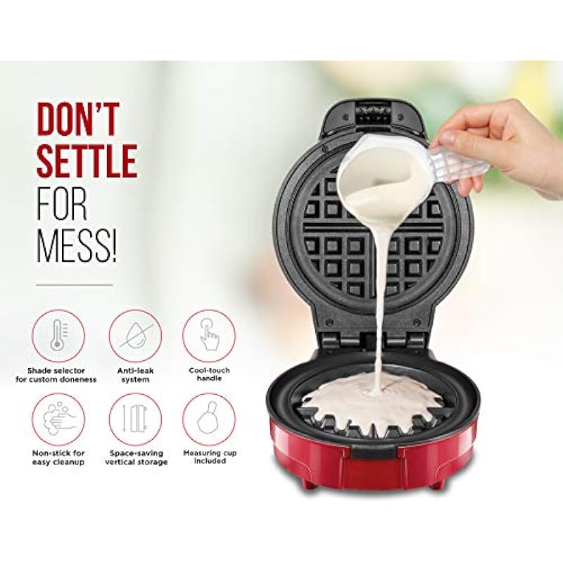 Chefman Anti-Overflow Belgian Waffle Maker w/ Shade Selector, Temperature Control, Mess Free Moat, Round Iron w/ Nonstick Plates & Cool Touch Handle, Measuring Cup Included, Red