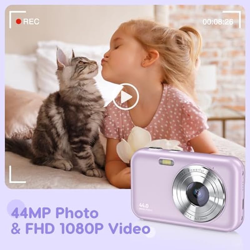 Digital Camera, FHD 1080P Kids Camera 44MP Point and Shoot Camera 16X Zoom Compact Small Camera for Kids with 32G Card & 2 Batteries Portable Camera Gift for Girls Boys Students Teens (Purple)