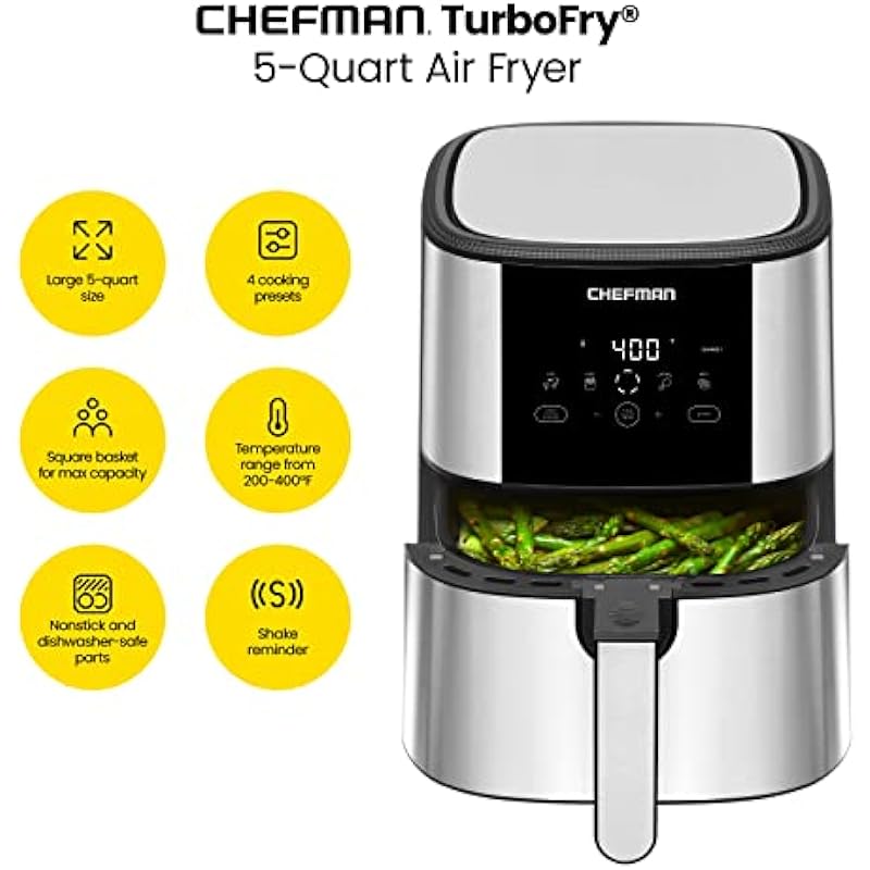 Chefman TurboFry Touch Air Fryer, 5Qt (4.75L) Family Size, One Touch Digital Control Presets, French Fries, Chicken, Meat, Fish, Nonstick Dishwasher-Safe Parts, Automatic Shutoff, Stainless Steel