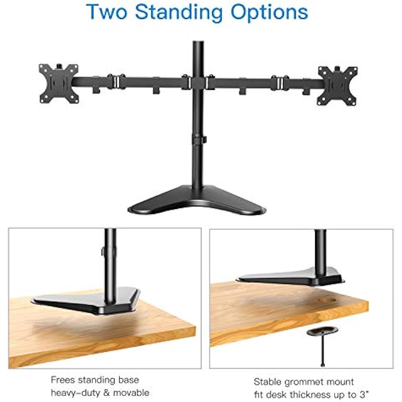 HUANUO Dual Monitor Stand,Dual Monitor Arm for Two 13 to 32 Inch LCD Screens, Height Adjustable Double Arm Monitor Mount Desk Stand with Clamp, Grommet Mounting Base, Each Arm Hold up to 17.6lbs