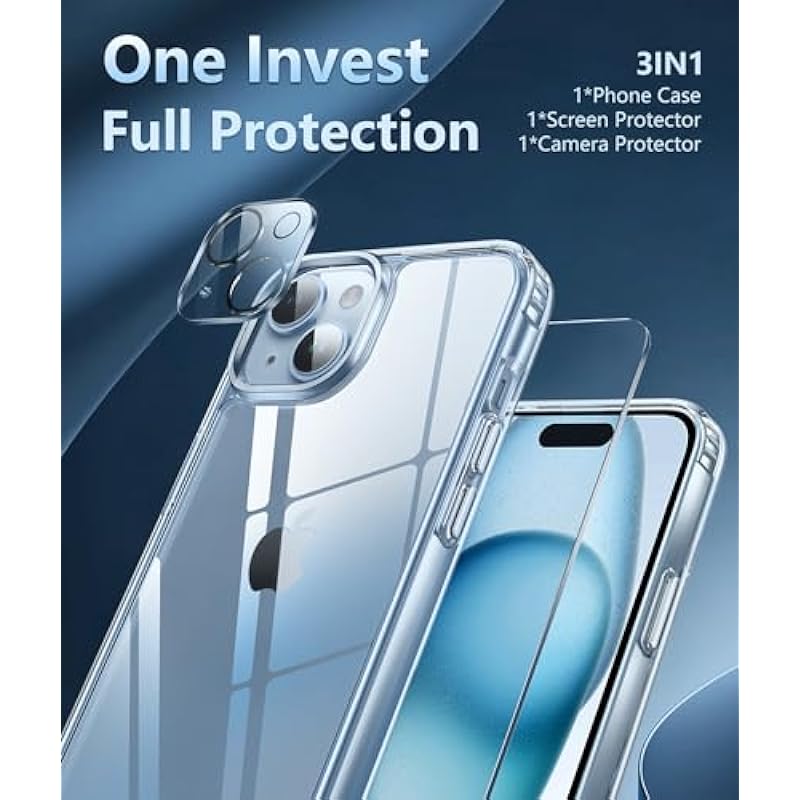 FNTCASE for iPhone 15 Phone Case: Clear Slim Shockproof Cell Phone Protective Cover | Anti Yellowing Scratch Proof Drop Proof Tough 5G Mobile Phone Protection Bumper 6.1 inch