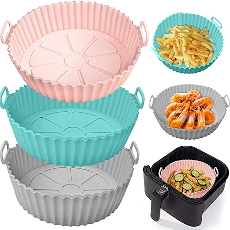 3 Pack Air Fryer Silicone Pot, Silicone Air Fryer Liners Reusable Air Fryer Accessories Food Safe Insert Tray, Replacement for Disposable Parchment Paper Liner Fit 3.5-7QT Pot (Blue + Grey+Pink, 7.8 inchc)