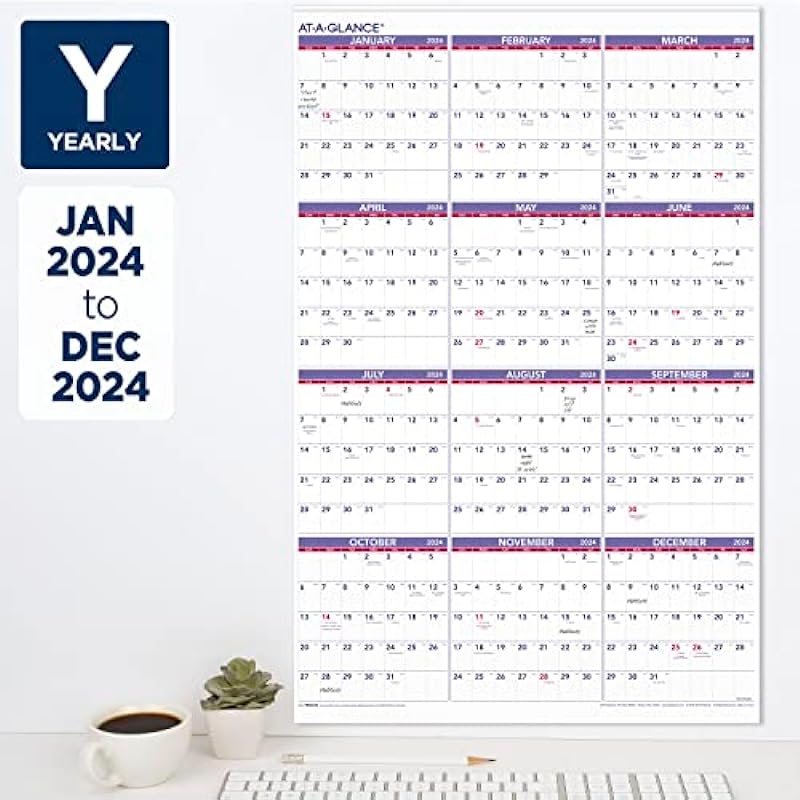 AT-A-GLANCE 2024 Wall Calendar Monthly Planner, 24″ x 36″, Extra Large, Erasable (PM122824)