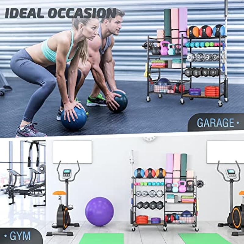 PLKOW Dumbbell Rack Stand, Home Gym Storage Rack, Weight Racks for Dumbbells, Kettlebells, Barbells,Yoga Mat,Yoga Strap, Home Gym Organizer, Workout Equipment Storage Organizer with Hooks and Wheels