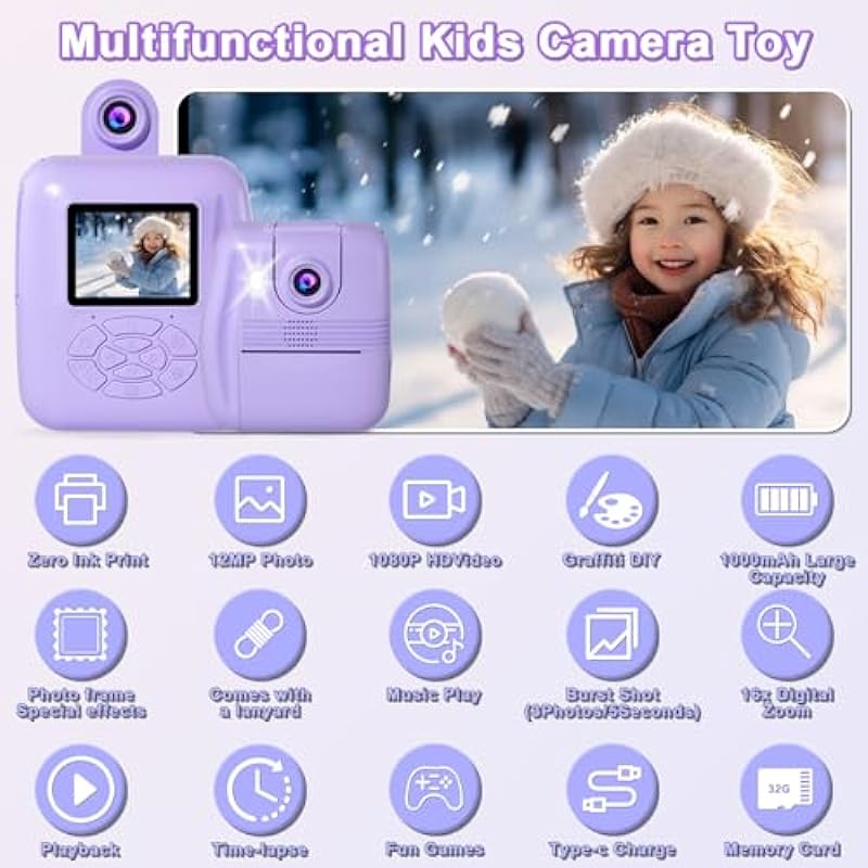 Kids Camera Instant Print – Instant Print Camera for Kids, Inkless Camera Instant Print, Kids Digital Camera, Toddler Camera Kids Toys Christmas Birthday Gifts for Girls Boys Age 3-12 (Purple)