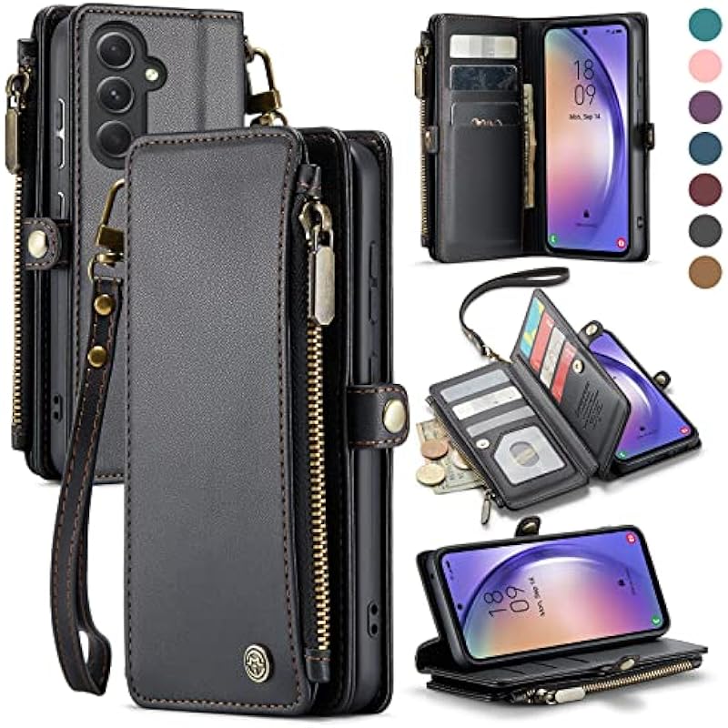 Defencase for Galaxy A54 5G Case, RFID Blocking Samsung A54 5G Case Wallet for Women Men, Durable PU Leather Magnetic Flip Strap Zipper Card Holder Wallet Phone Case for Samsung Galaxy A54 5G, Black