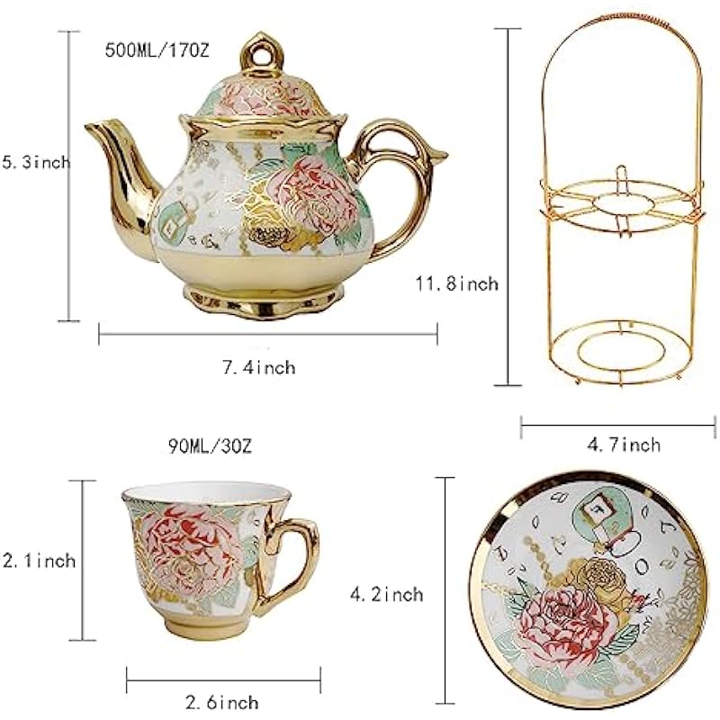 CHANJOON Gold Plated Red Rose Ceramic Tea Set, Vintage Tea Set with Teapot, Beautiful Tea Set Coffee Serving 6 People (Gilded Rose)