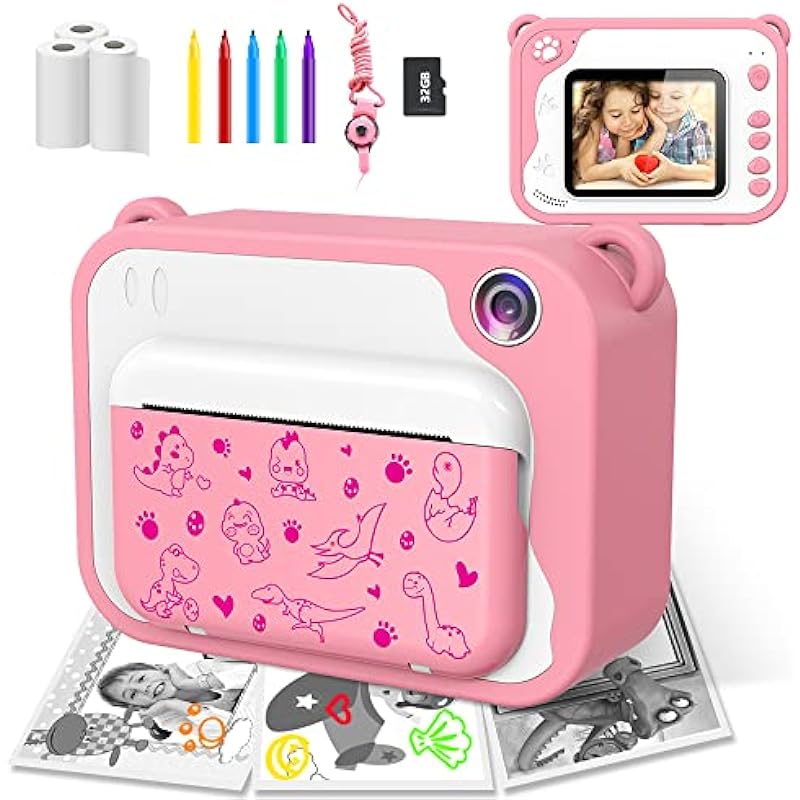 USHINING Instant Print Camera for Kids, 12MP Digital Camera for Kids Aged 3-12 Ink Free Printing 1080P Video Camera for Kids with 32GB SD Card,Color Pens,Print Papers (Pink)