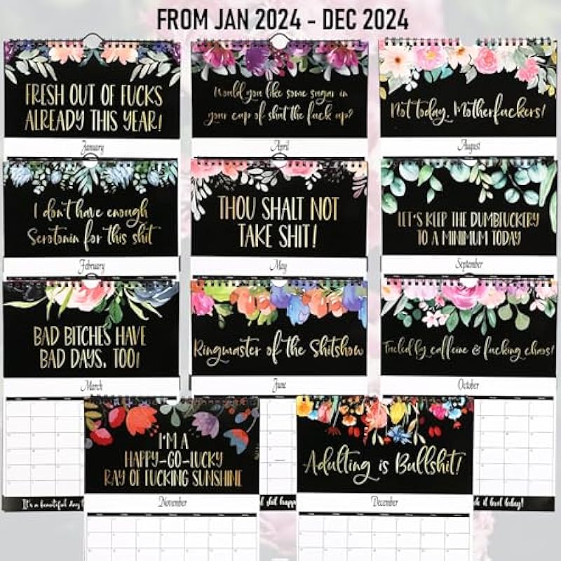 Fuck It Wall Calendar 2024, Funny Novelty Monthly Planner Calendar with Hanging Hook for Tired-Ass Women, Twin Wire Spiral Binding Thick Pape Sweary Calendar for Home Office Academic