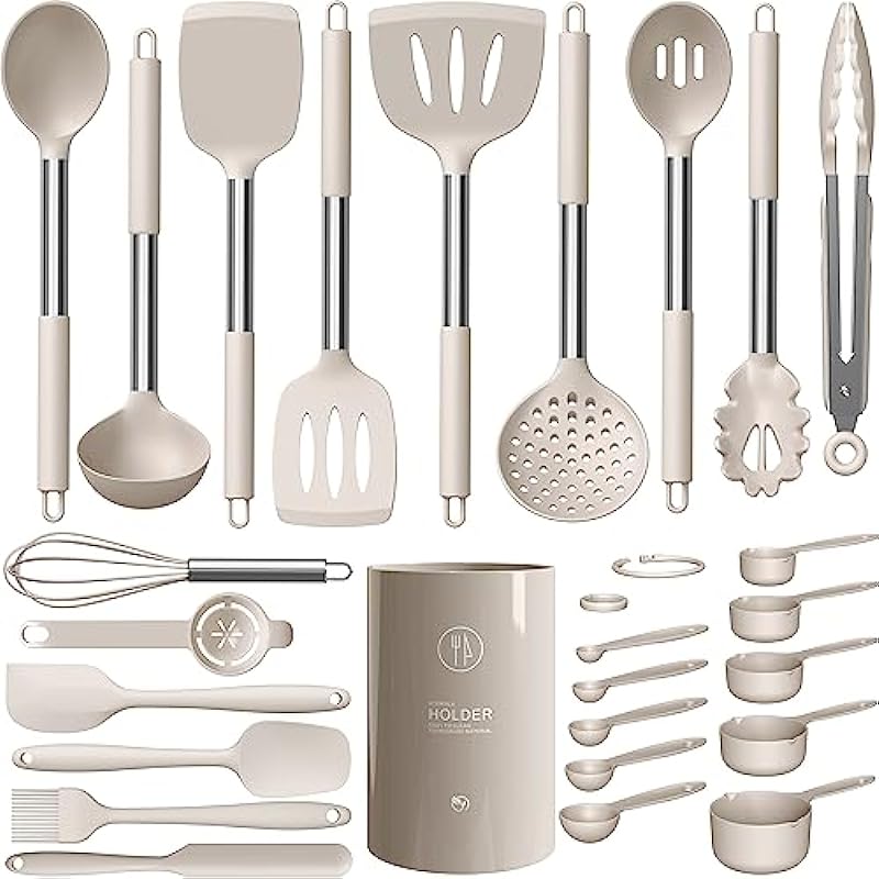 Large Silicone Cooking Utensils Set – Heat Resistant Kitchen Utensils,Turner Tongs,Spatula,Spoon,Brush,Whisk,Stainless Steel Silicone Cooking Tool for Nonstick Cookware,Dishwasher Safe (Khaki)