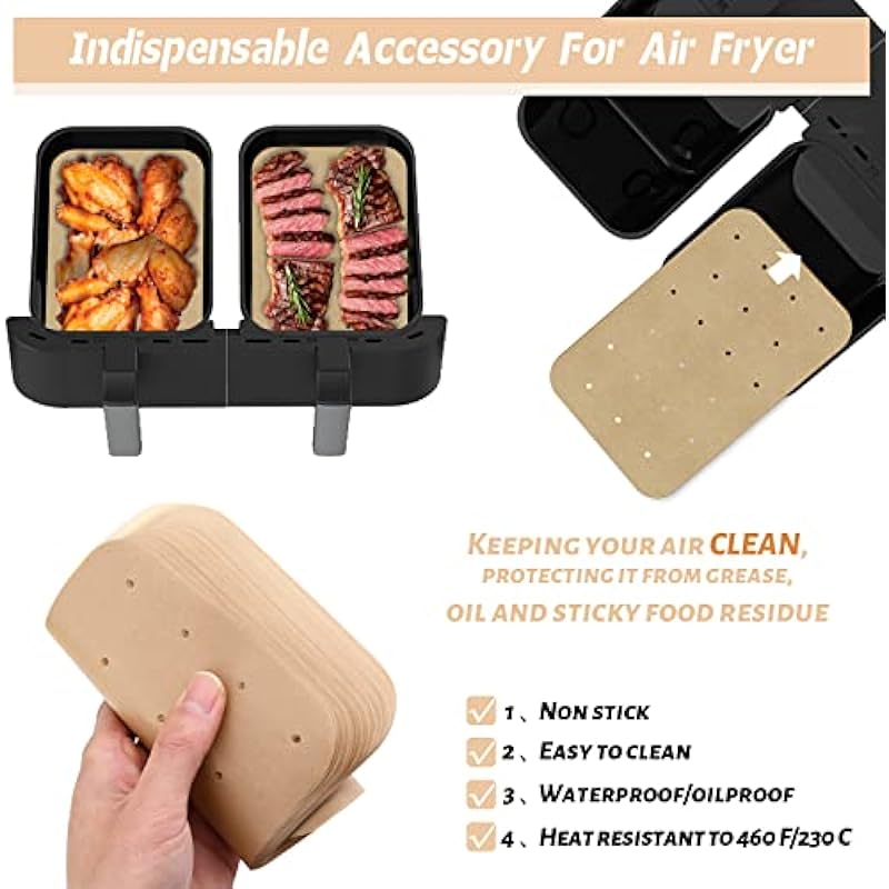 Air Fryer Parchment Paper Liners, 100 Pcs Perforated Non-Stick Air Fryer Liners, Double Basket Air Fryer Accessories, Compatible with Ninja 2-Basket Air Fryer DZ201, DZ401 6-in-1 8-qt (8.1 x 5.5”）