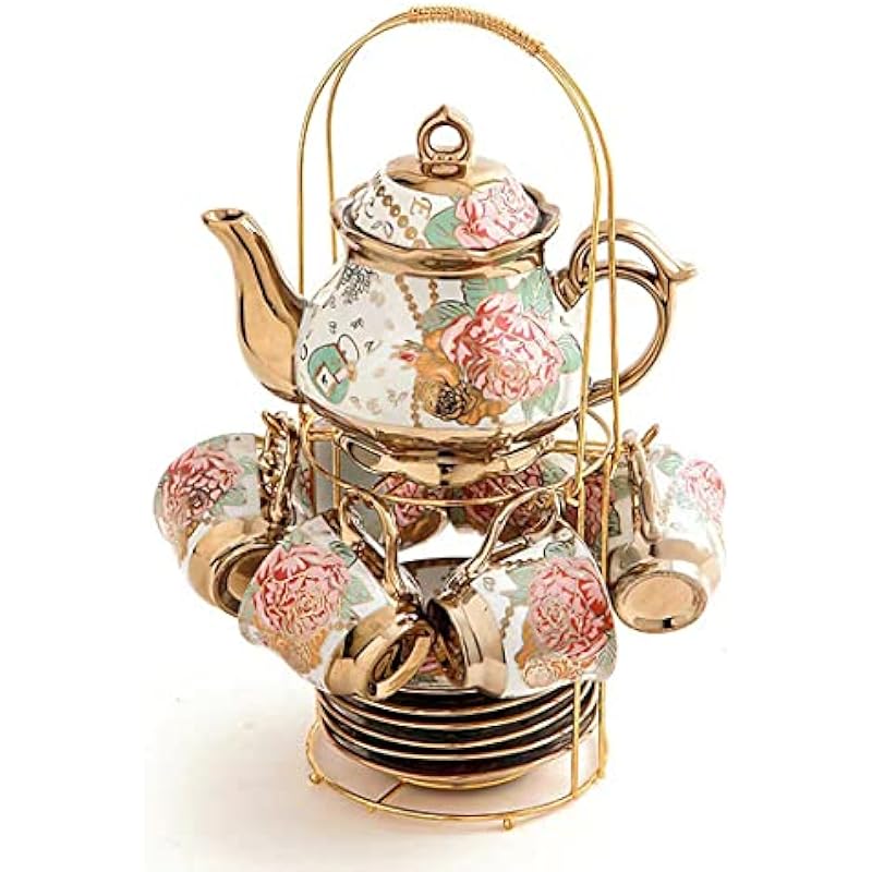 CHANJOON Gold Plated Red Rose Ceramic Tea Set, Vintage Tea Set with Teapot, Beautiful Tea Set Coffee Serving 6 People (Gilded Rose)