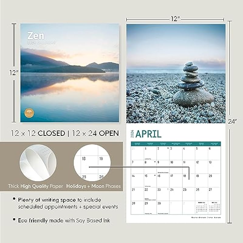 2024 Zen Monthly Wall Calendar by Bright Day, 12 x 12 Inch