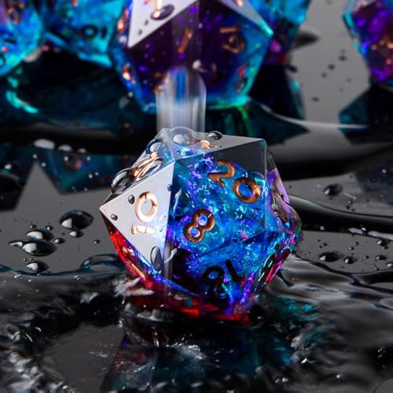 Sharp Edge DND Dice Set Handmade 7 Accessories Dice for Dungeons and Dragons TTRPG Games, Multi-Sided RPG Polyhedral Resin Sharp Edge Dice Roleplaying Games Shadowrun Pathfinder MTG(Blue Red)