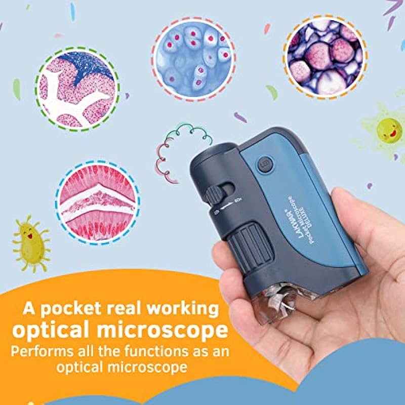LAKWAR Pocket Microscope for Kids, 60x-120x Mini Handheld Microscope with 5 Microscope Slides Kits, Mini Microscope for Kids Students Adults Home School Lab