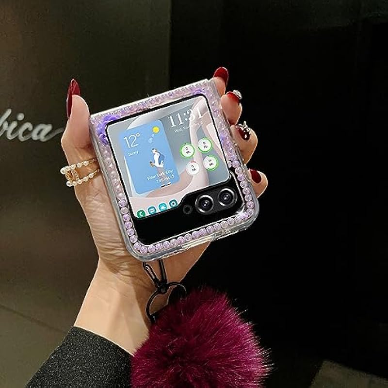 for Samsung Galaxy Z Flip 5 Case,Samsung Flip 5 Case Cute Bling Diamond Girly Design,Galaxy Flip 5 Case 3D Handmade Pearl Rose Flower with Wrist Lanyard,Flip 5 Phone Case for Women Girls (Purple)
