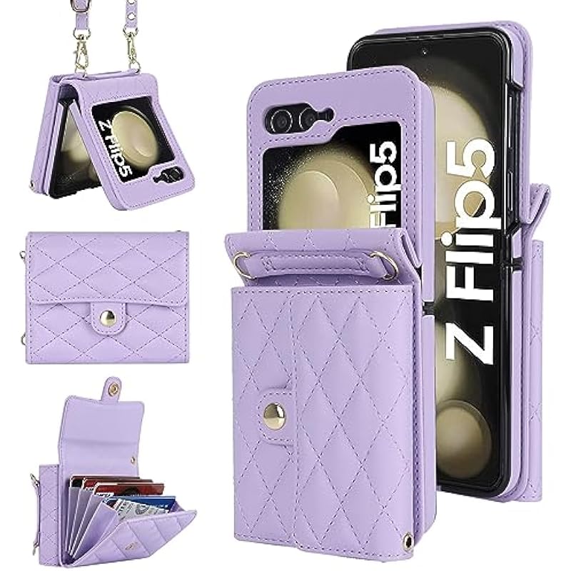 XIZYO for Samsung Galaxy Z Flip 5 Case, Wallet Phone Case Cute Leather Case with Card Holder Crossbody Cover for Women Girls Strap Wristlet RFID Blocking Shockproof Protective Cover, Purple