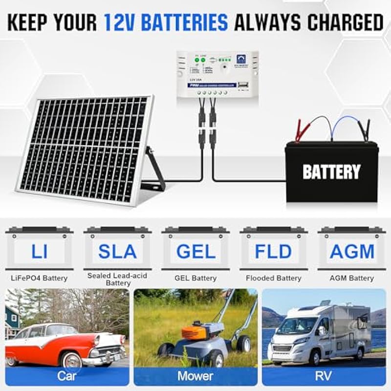 ECO-WORTHY 25 Watts 12V Off Grid Solar Panel SAE Connector Kit: Waterproof 25W Solar Panel + Adjustable Mount Bracket + SAE Connection Cable +10A Charge Controller for Car RV Marine Boat 12V Battery