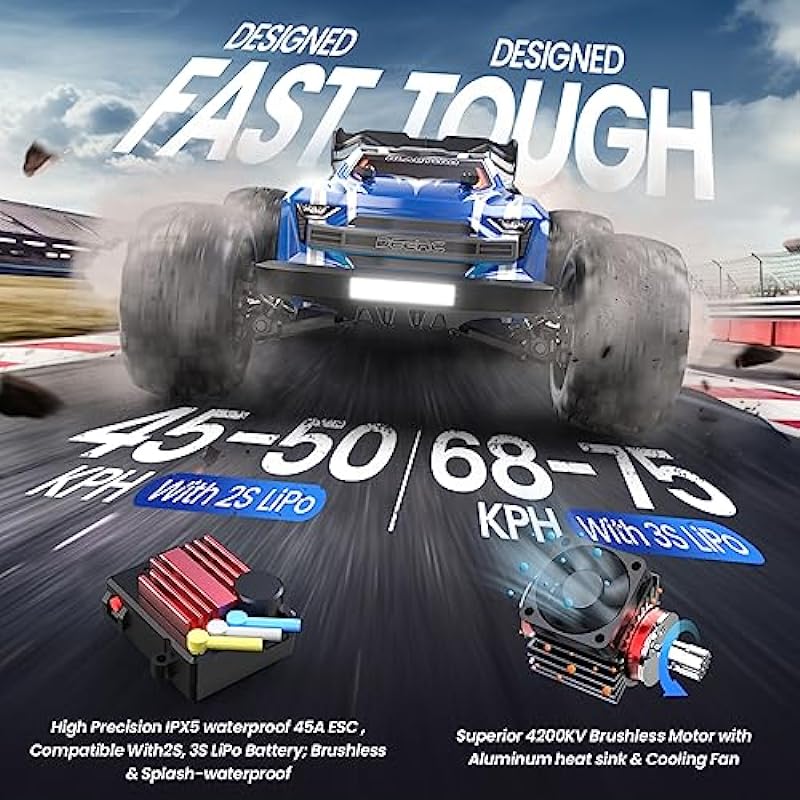 DEERC Brushless RC Truck, Max 42MPH Fast RC Car for Adults, 4X4 All Terrains Off-Road Remote Control Truck, High Speed Monster Truck, Electric Powered Vehicle Gift Toy for Kids Boy, 2 LiPo Batteries