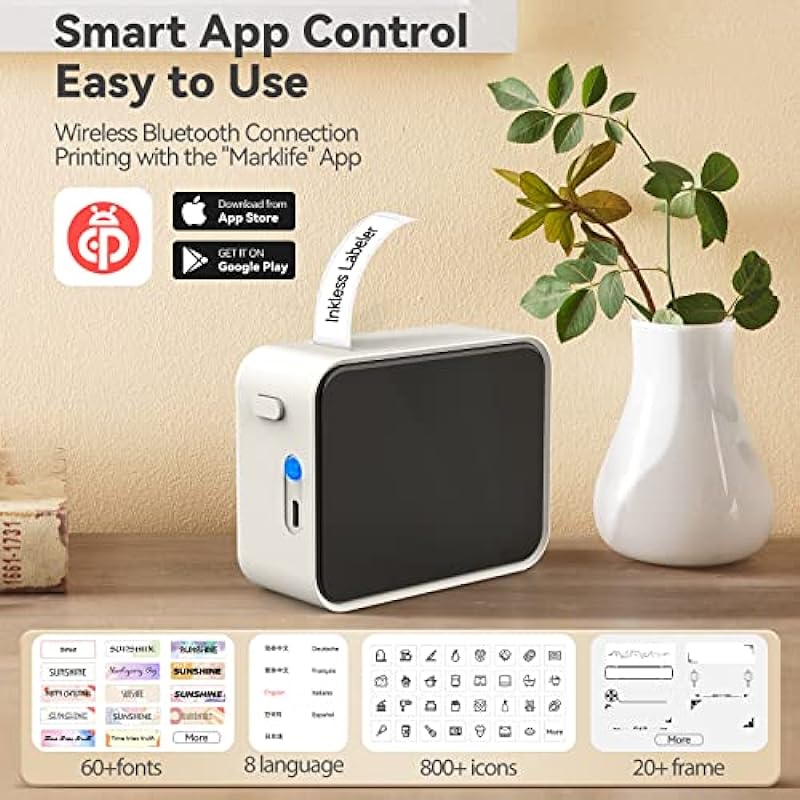 Pristar P15 Mini Bluetooth Label Printer Rechargeable Label Makers Wireless Labeler with Tape for iOS & Android, Protable Labelmaker for Home, School, Office (Cream White)