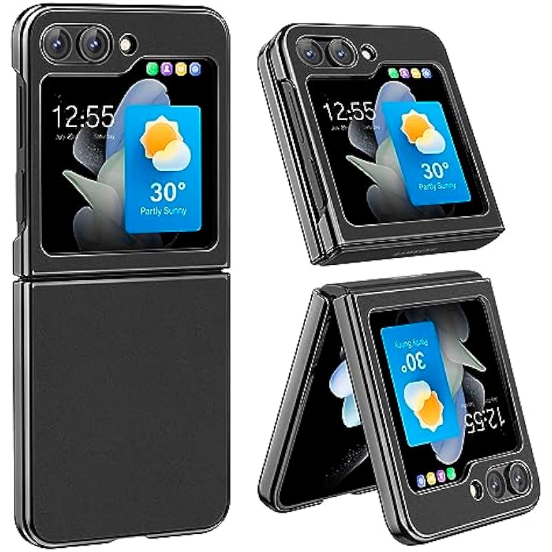 MATEPROX Phone Case for Samsung Galaxy Z Flip 5 Case, Slim Thin Lightweight Protective Phone Case with Non-Slip Leather Back with Electroplated Frame for Samsung Galaxy Z Flip 5 5G-Black