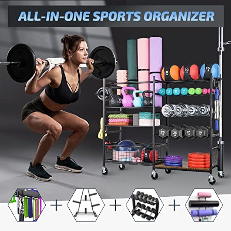 PLKOW Dumbbell Rack Stand, Home Gym Storage Rack, Weight Racks for Dumbbells, Kettlebells, Barbells,Yoga Mat,Yoga Strap, Home Gym Organizer, Workout Equipment Storage Organizer with Hooks and Wheels