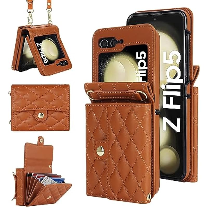 XIZYO for Samsung Galaxy Z Flip 5 Case, Wallet Phone Case Cute Leather Case with Card Holder Crossbody Cover for Women Girls Strap Wristlet RFID Blocking Shockproof Protective Cover, Brown
