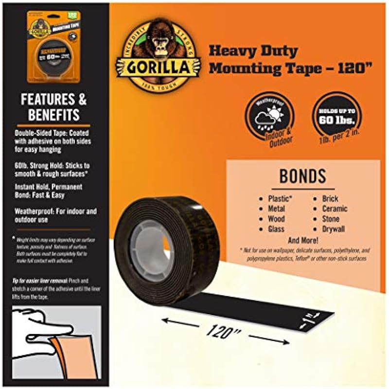 Gorilla Heavy Duty Double Sided Mounting Tape XL, 1″ x 120″, Black (Pack of 1)