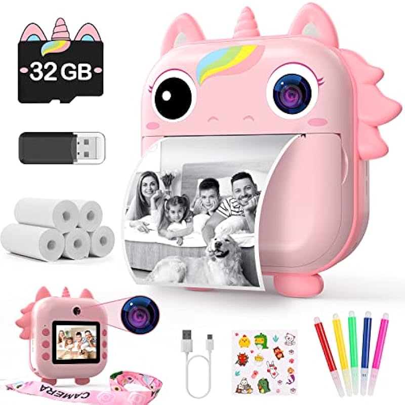 Skirfy Instant Camera for Kids,Kids Camera Instant Print with 32G TF Card&5 Roll Print Paper,48MP Digital Camera for Kids with Dual Lens,Toddler Camera, Kids Camera for Girls,Birthday Gifts for Kids