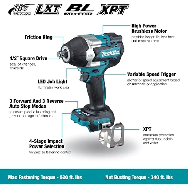 Makita DTW700XVZ 18V LXT Brushless Cordless 1/2″ Variable 4-Speed Impact Wrench with XPT and Friction Ring (Tool Only)