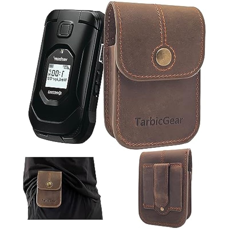 TarbicGear Slim Flip Phone Holster, Belt Clip Magnetic Case for Alcatel Go Flip, Sonim XP3 Plus, Kyocera DuraXV, Cat S22 Flip, TCL Flip, Nokia Flip Phone Real Leather Pouch, Dark Brown