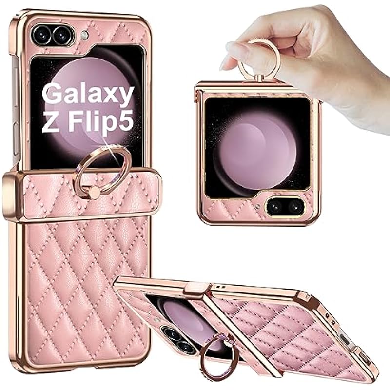 Galaxy Z Flip 5 Case with Hinge Protection & Ring Holder, Rhomboid PU Leather Z Flip 5 Case with Ring Stand, Ultra Slim Kickstand Protective Phone Case Cover for Samsung Galaxy Z Flip 5 2023 – Pink