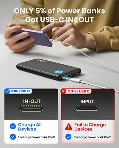 INIU Power Bank, USB C in&out Slimmest 10000mAh Portable Charger, Triple 3A High-Speed Charge External Battery Pack, Flashlight Phone Charger for iPhone 15 14 13 12 11 X Samsung S22 S21 Google LG iPad