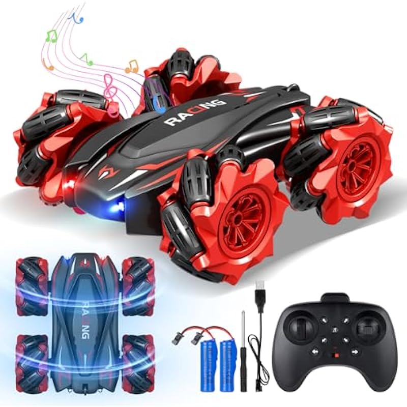 Yeauhwov Remote Control Cars for Kids, All Directional Double Sided 360° Rotating 4WD RC Cars with Universal Wheels, Racing RC Stunt Cars Toy Christmas Birthday Gifts for Boys Girls Aged 6-12 (Red)