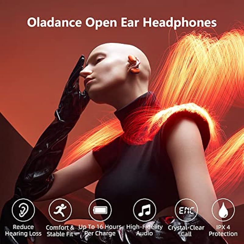 Oladance OWS1 Open Ear Headphones, Wireless Bluetooth 5.2 Headphones Air Conduction, Up to 16 Hours Battery Life with Carry Case, High Sound Quality with Dual 16.5mm Drivers Martian Orange