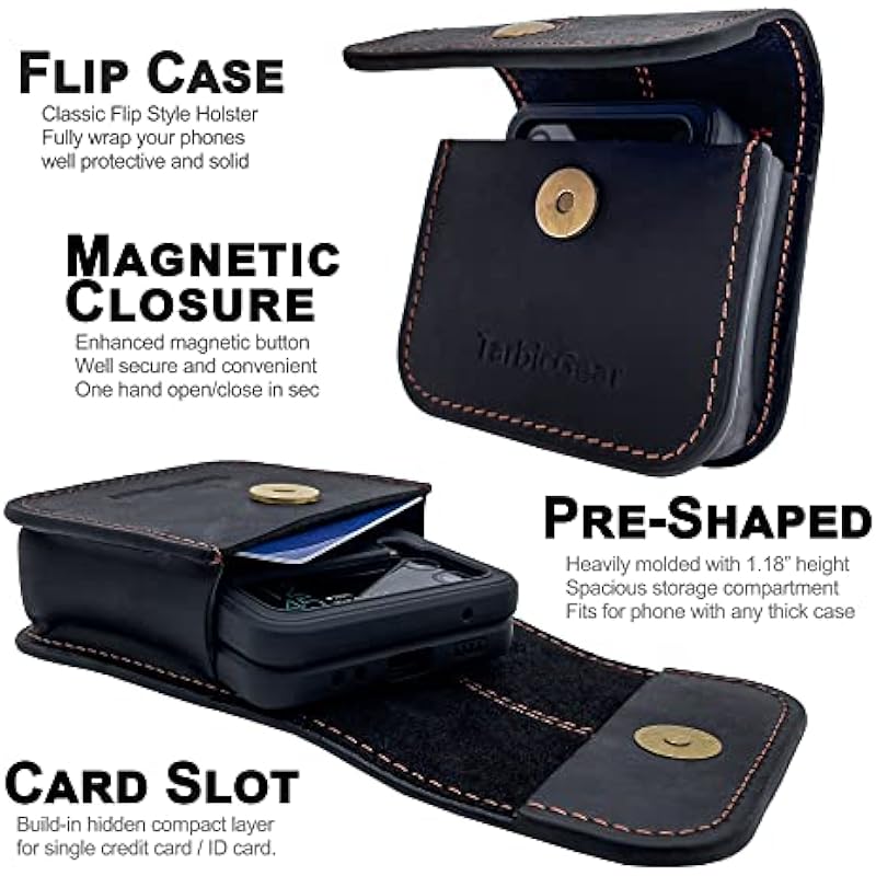 TarbicGear Leather Phone Holster with Belt & Clip for Samsung Galaxy z Flip Series/Magnetic Closure Phones Pouch for z Flip 4 / z Flip 3 / Motorola RAZR Series Black