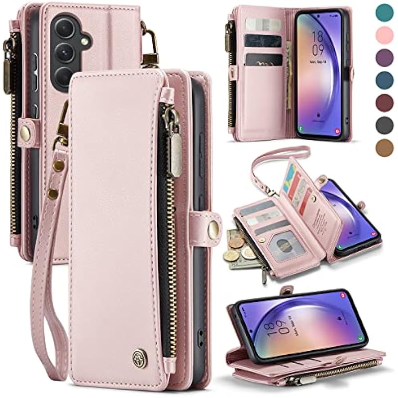 Defencase for Galaxy A54 5G Case, RFID Blocking Samsung A54 5G Case Wallet for Women Men, Durable PU Leather Magnetic Flip Strap Zipper Card Holder Wallet Phone Case for Samsung Galaxy A54 5G, Pink